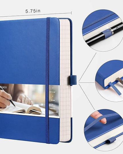 EMSHOI Graph Paper Notebook - 256 Pages A5 Graph Notebook/Journal, Square Grid Notebooks for Work, 120gsm Thick Paper, Executive Hardcover Leather, Inner Pocket, Pen Loop 5.75'' × 8.38''-Blue
