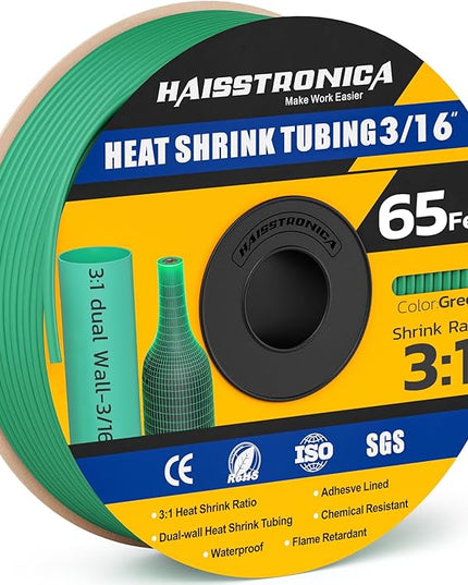 haisstronica 3:1 Heat Shrink Tubing, Shrink Ratio Adhesive Lined Marine Grade Heat Shrink Tube for Home, Automotive and Industrial (Green) 65FT 3/16inch