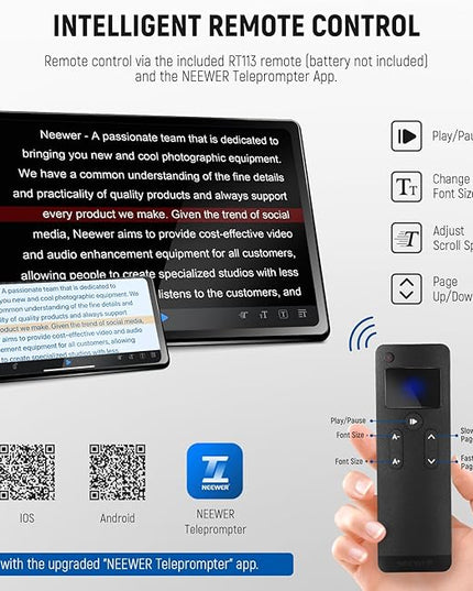 NEEWER Basics X12B Aluminum Alloy Teleprompter 12" for iPad Tablet DSLR Camera, Bluetooth, No Assembly, Remote & App Control, Compatible with iOS Android, Black, for Streaming