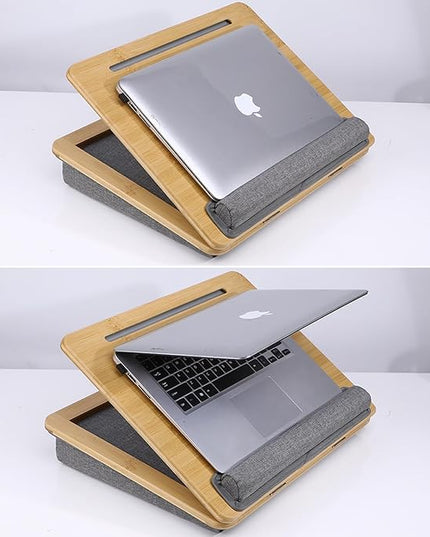 SUMISKY Adjustable Lap Desk-Portable Laptop Stand with Cushion, Bamboo Platform with Phone Holder, Wrist Pad Fits up to 15.6 Inch Laptops