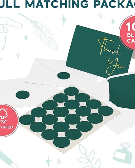 VNS Creations Gold Foil Thank You Cards With Envelopes Bulk Set & Stickers - 100 Pack 4x6 Blank Thank You Notes Set - Large Note Card Small Business, Wedding, Baby Shower & Bridal Shower - Post Green