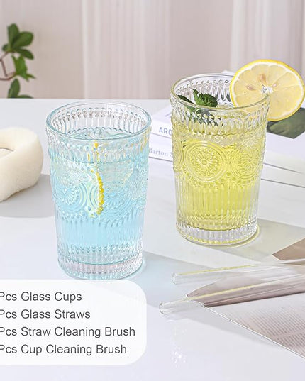 Vintage Glassware Drinking Glasses Set of 6,13 oz Clear Textured Flower Design Glass Water Tumblers，Embossed Striped Drinkware for Water,Cocktails,Juice,Iced Coffee