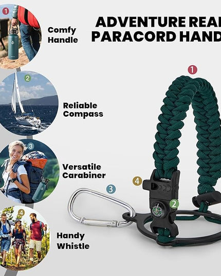 Insulated Water Bottle 87 oz, Triple Wall Vacuum Stainless Steel (Cold for 48 Hrs), Leak Proof & Non-BPA, Modern Water Flask Jug with Paracord Handle & Straw Spout Lids, Dark Green