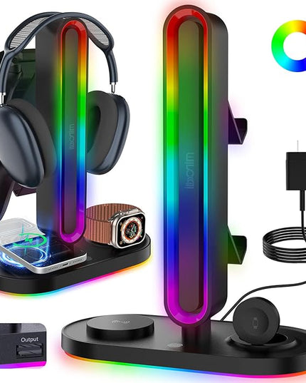 RGB Headset Stand with Wireless Charger, 8-in-1 Charging Station for iPhone, Samsung, Apple Watch Type-C/USB Ports, Gaming Headphone & Controllers Holder, Organizer for Desk Includes 20W PD Adapter