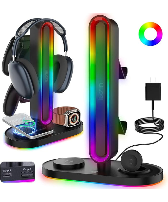 RGB Headset Stand with Wireless Charger, 8-in-1 Charging Station for iPhone, Samsung, Apple Watch Type-C/USB Ports, Gaming Headphone & Controllers Holder, Organizer for Desk Includes 20W PD Adapter