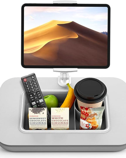 Tablet Stand Pillow with Snack Bowl, iPad Lap Holder for Hands-Free Reading and Relaxation on Bed,Couch,Recliner, 360° Rotating Clip for 4.7-13" Kindle,eBook,Tablet,iPhone (Light Gray)