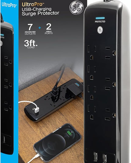 GE 37054 Pro Surge Protector, 7 Outlets + 2 USB, 1780J, 3' Cord, 2.1A, Black