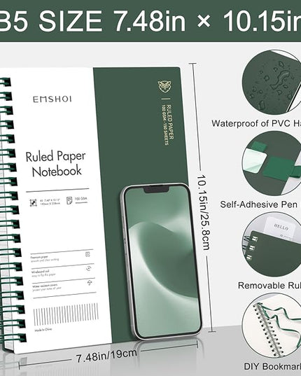 EMSHOI Lined Spiral Journal Notebook, B5 College Ruled Notebook, 300 Pages/150 Sheets, 100gsm Acid-Free Paper, Waterproof Softcover Notebook for School, Work, Note Taking, 7.48" × 10.15" - Dark Green