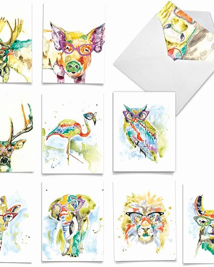 The Best Card Company - 10 Watercolor Blank Cards with Envelopes (4 x 5.12 Inch) Cute Animals, All Occasion Note Cards - Rainbow Splash Animals AM6137OCB-B1x10-NB