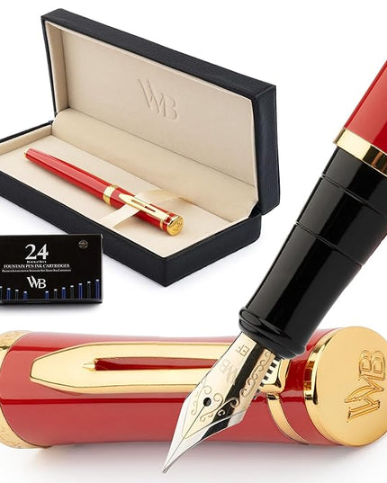 Wordsworth & Black Fountain Pen Set, 18K Gilded Extra Fine Nib, Includes 24 Pack Ink Cartridges, Ink Refill Converter & Gift Box, Gold Finish, Calligraphy, [Crimson Red], Perfect for Men & Women