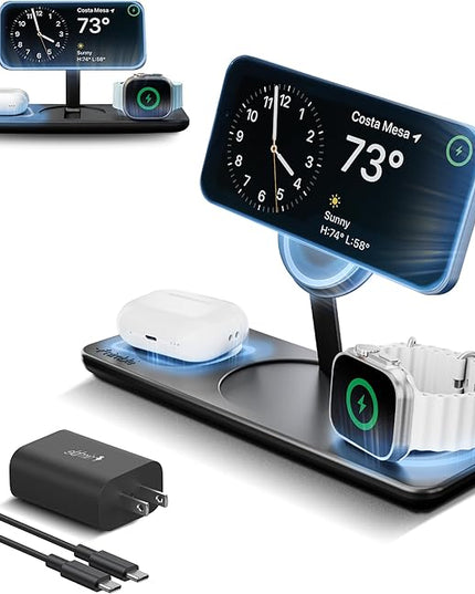 Nimble Podium 3-in-1 Wireless Charging Station for Apple, Qi2-Certified 15W Magsafe Charger Stand, Wireless Charger for iPhone 17 16 15 14 13 - Apple Watch - Airpods Series (Charger & USB-C Included)
