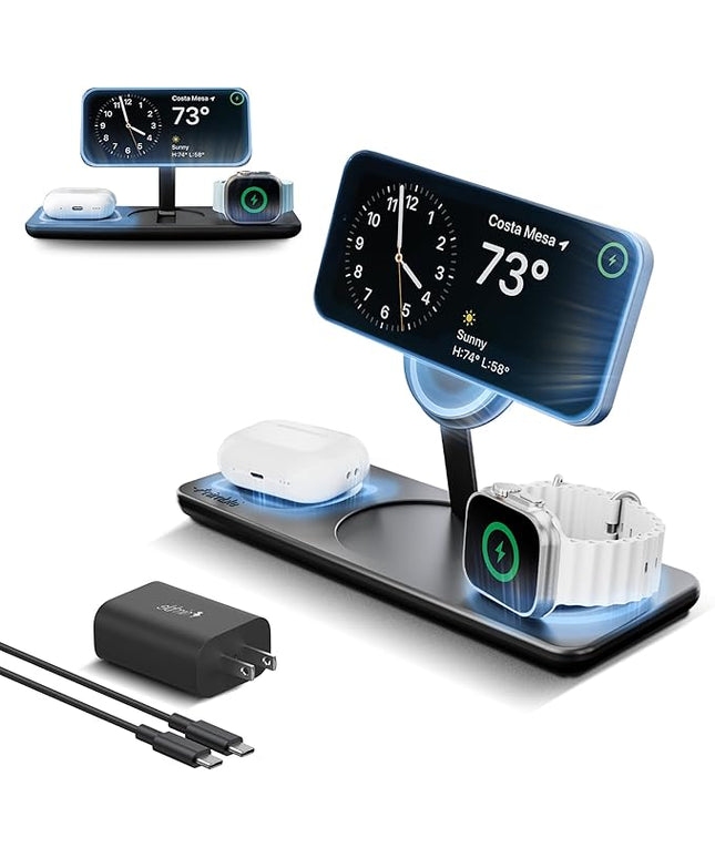 Nimble Podium 3-in-1 Wireless Charging Station for Apple, Qi2-Certified 15W Magsafe Charger Stand, Wireless Charger for iPhone 17 16 15 14 13 - Apple Watch - Airpods Series (Charger & USB-C Included)