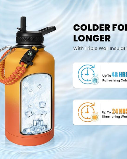 Insulated Water Bottle 64 oz, Triple Wall Vacuum Stainless Steel (Cold for 48 Hrs), Leak Proof & Non-BPA, Half Gallon Water Flask Jug with Paracord Handle & Straw Spout Lids, Ombre Orange
