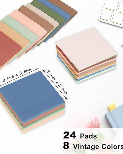 (24 Pack) Sticky Notes 3x3 in., Sticky Note Pads, Vintage Colors Self-Stick Notes Pads, Strong Adhesive, Recyclable, Easy to Post for Home, Office, Notebook