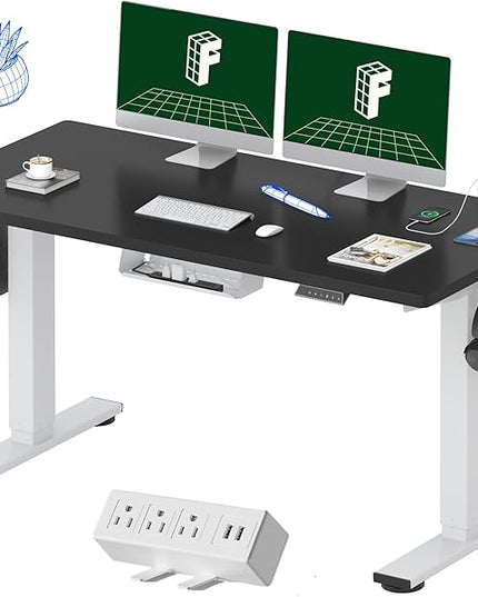 FLEXISPOT EN2 Whole-Piece Standing Desk with Clamp Power Strip, 55 x 28 Electric Stand Up Height Adjustable Desk with Cable Management (White Frame + 55" Black Desktop, 2 Packages)