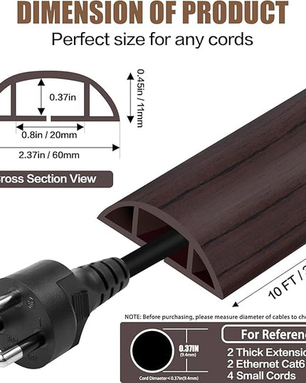 Floor Cord Cover Cavity 0.8"x0.37" Self Adhesive Cord Hider, 10FT Low Profile Cable Management, Extension Strip Protector for Wires, Prevent Cable Trips for Offices, Gyms, Exhibitions（Black Wood）