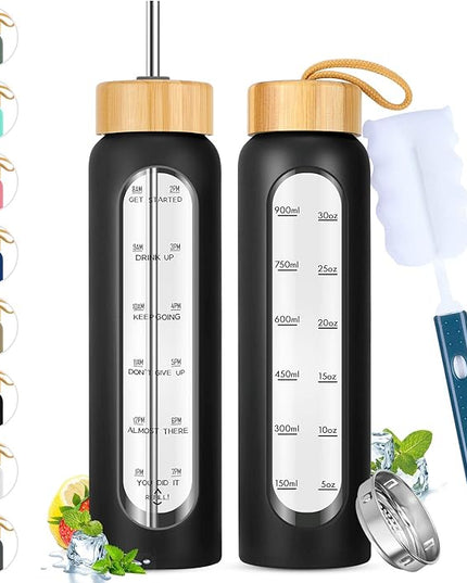 32 oz Glass Water Bottle with Straw - Motivational Time Marker & Silicone Sleeve - Reusable Tumbler Includes 2 Bamboo Lids & Fruit Infuser - 1 Pack