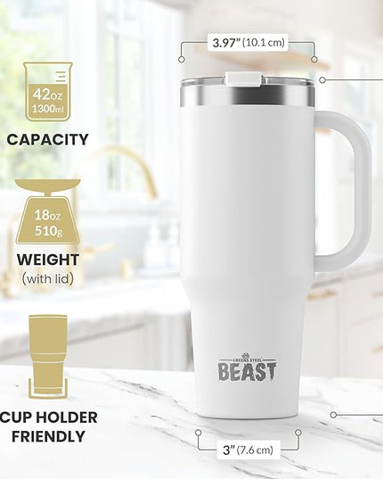 Beast 42 oz Tumbler with Handle Stainless Steel Vacuum Insulated Coffee Ice Cup Double Wall Travel Flask (Arctic White)