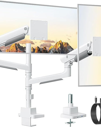 monTEK Sleek Aluminum Monitor Arm for 17–57” Ultrawide Screens up to 59.4 lbs, USB 3.0 A/C, Heavy Duty Dual Monitor Arm Desk Mount, Pneumatic Lift, Quick-Release Plate, Clamp/Grommet, max VESA 100x100