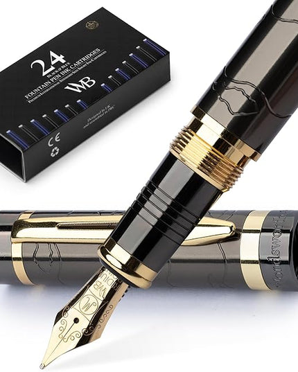 Wordsworth & Black Primori Fountain Pen Set [Gunmetal Gold]; Medium Nib, Gift Case, 24 Ink Cartridges, Refill Converter, Manual; Journaling, Calligraphy, Smooth Writing Pens; Left and Right Handed