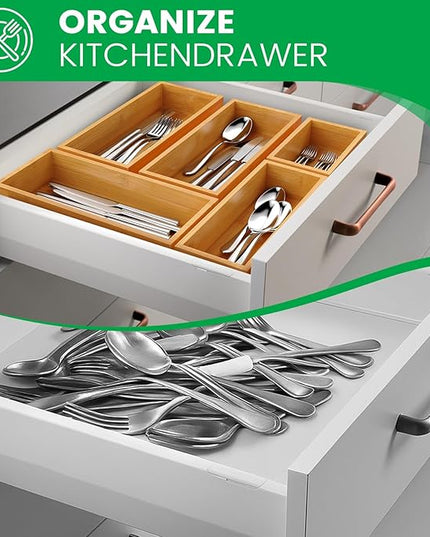 Bamboo Drawer Organizer Set, 5-Piece Storage Trays for Kitchen, Bathroom, Office Desk, Makeup & Junk Drawers,Utensils