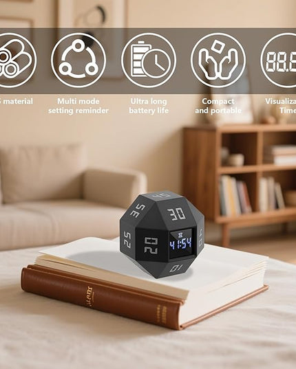 Mini 12-Sided Cube Timer with Preset Countdowns of 1-3-5-10-15-20-25-30-45-60-90 Minutes, Rechargeable Time Management Tool for ADHD, Study, Cooking, Focus (Grayish White)