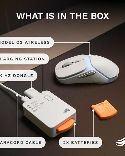 Glorious Gaming Model O3 Wireless Gaming Mouse - InfinitePlay Swappable Battery, 130H Battery Life, 8k Polling, 130M Optical Switches, Ultralight 66g, 30K DPI Optical Sensor, RGB - White