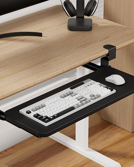 Keyboard Tray Under Desk, Slide Out Computer Keyboard Drawer with Adjustable C-clamp for Home, Office and Gaming Mouse Tray for Typing 25.59" × 9.84" × 4.72" Black