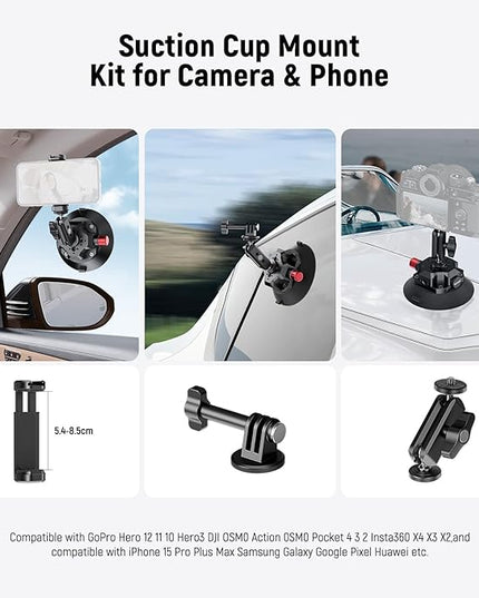 NEEWER 4.5" Suction Cup Camera Mount with Ball Head Magic Arm, 1/4" 3/8" ARRI Holes, Quick Release Car Mount with Phone Holder & Action Cam Adapter Compatible with iPhone DJI Insta360, CA105