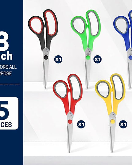 5-Pack, 8" Scissors All Purpose Comfort-Grip Handles Sharp Scissors for Office Home School Craft Sewing Fabric Supplies, High/Middle School Student Teacher Scissor, Right/Left Handed