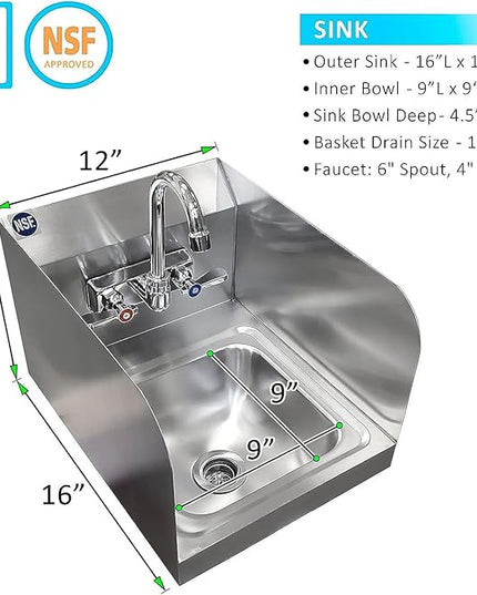 Stainless Steel Wall Mount Hand Basin with Gooseneck and Side Splash Guard. (16" x 12" Side Splash) Deep x long