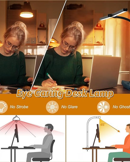 Double Head LED Desk Lamp with Remote Control for Home Office 24W Brightest Computer Desk Light for Workbench Drafting Architect Study Reading with Clamp and Base