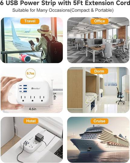 6 USB(3 USB C) Power Strip- Travel Power Strip with 6 USB Desktop Charging Station 24W/4.8A and 3 Outlets, 5Ft Flat Plug Braided Extension Cord, Non Surge Protector for Cruise Ship Travel Office Dorm