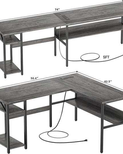 Reversible L Shaped Gaming Desk with Power Outlets and USB Charging Ports, Sturdy Computer Desk with Storage Shelf, Modern Corner Desk Home Office Table, Easy to Assemble, Gray Oak