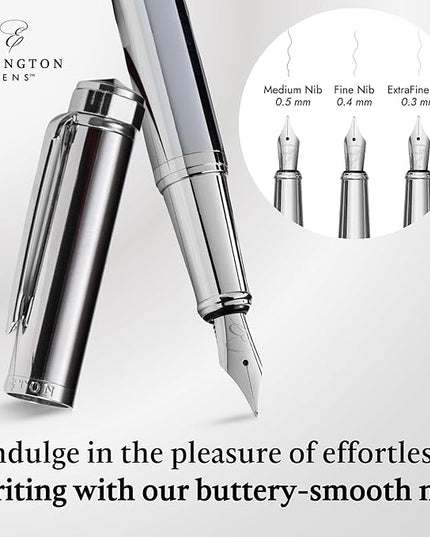 Ellington Pens Luxury Fountain Pen Set - Extra Fine Nib- Includes 3 Ink Cartridges, Refillable Ink Converter, Gift Box- Fountain Pens For Writing, Calligraphy, Journaling, Sketching (Silver Sonata)