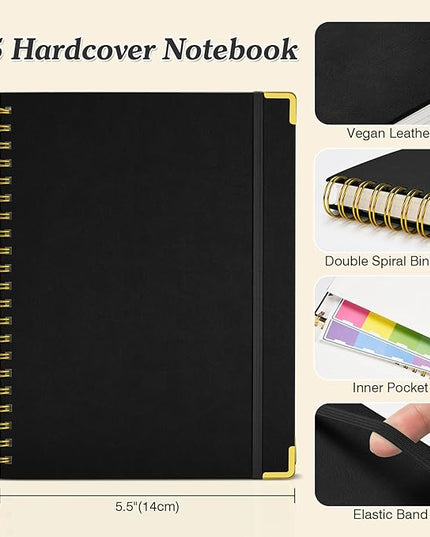 Blank Spiral Notebook: Leather Sketch Book, 300 Pages Hardcover Unlined Notebook for Women Men,100GSM Thick No Bleed Paper Journal, A5 Small Art Sketchbook for Drawing Writing Work, 5.5" x 8", Black