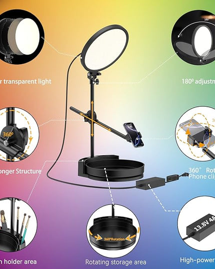 Selfie Light Kit for Desk and Laptop,55W Dimmable Full Screen Ring Light,with Rotating Storage Box,Pen Holder Stand,Phone Holder and Controller (Black-RGB, 10.5)