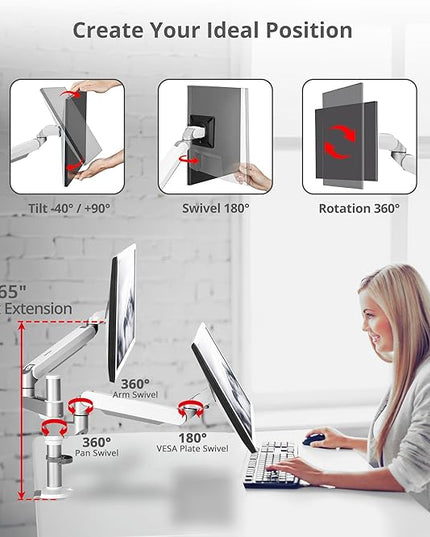 SIIG MTPRO Dual Monitor Arm Desk Mount, Fully Adjustable Mechanical Spring Design, up to 32" Display, Max 19.8 lbs per arm, VESA 75/100mm, Cable Management, BIFMA and TAA Compliant