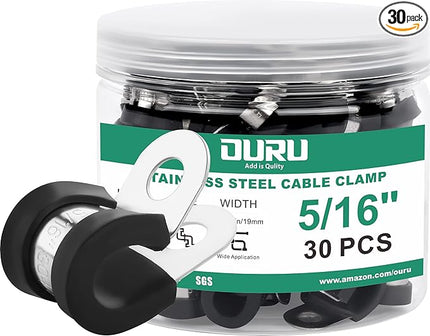 OURU 30pcs 5/16 Inch Stainless Steel Cable Clamps,Rubber Coated Cushioned Insulated Cable Clamp,Automotive Cable Wire Clamps,Pipe Clamps,Metal Clamp for Tube,Lines,Wire Cord Installation(Black,8mm)