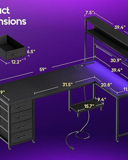 AODK L Shaped Gaming Desk with 4 Drawers, 59" Reversible Computer Desk with Hutch and Shelves, Gamer Desk with LED Lights, Power Outlets, Home Office Corner Desk with Gird Pegboard, Black