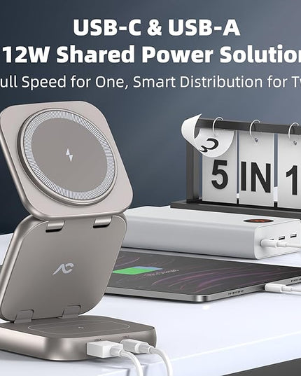5-in-1 Wireless Charger for MagSafe, AC ISLAND Portable Travel Charging Station, 35W Max Fast Foldable Magnetic Stand, Evolved for iPhone 17-12 & Air Series, Apple Watch, AirPods (with 35W Adapter)
