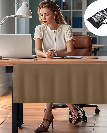 Icegrey 32" Under Desk Privacy Panel with Cable Management Organizer Net Self-Adhesive Modesty Panel for Cord Organizer Pockets and Desk Skirt for Home Office or Standing Workstation, Dark Khaki