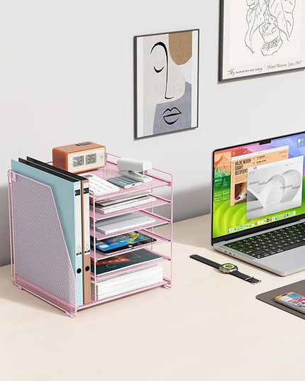 gianotter 6-Tier Paper Organizer With Magazine Holder, Desk Organizers and Accessories, Desk Accessories & Workspace Organizers, File Organizer for Office Supplies Storag (Pink, 6-Tier)