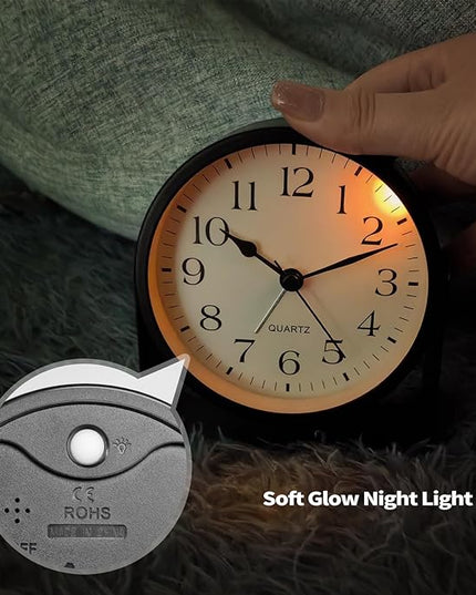 SCOAGE Small Luminous Desk Analog Alarm Clock Metal Bracket 360° Rotating Shelf Clock with Light Battery Powered Bedside Silent Cute Alarm Clock for Heavy Sleepers Elderly and Children Office Bathroom