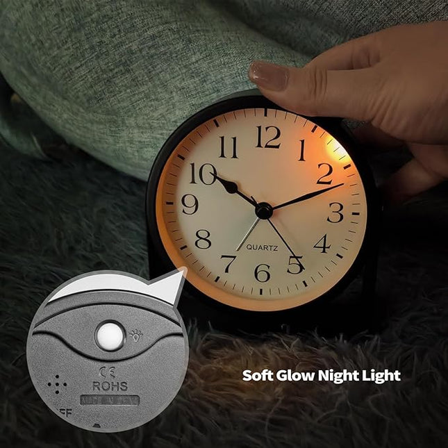 SCOAGE Small Luminous Desk Analog Alarm Clock Metal Bracket 360° Rotating Shelf Clock with Light Battery Powered Bedside Silent Cute Alarm Clock for Heavy Sleepers Elderly and Children Office Bathroom
