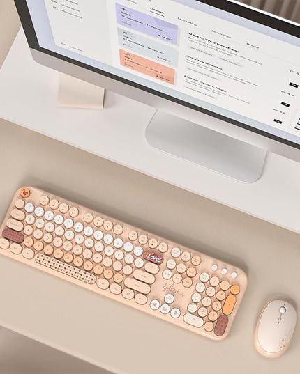 MOFII Wireless Keyboard and Mouse Combo, Full Size 2.4G Plug and Play Typewriter Retro Round Computer Keyboard and Mouse Set for Windows, Computer, Desktop, PC, Notebook - (Milk Tea Colorful)