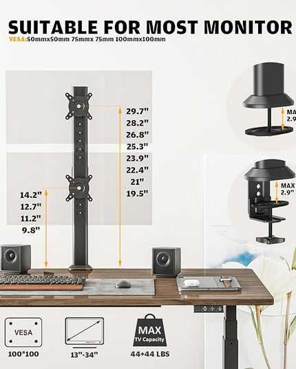 HEMUDU Dual Monitor Articulating Desk Mount Arm Stand - Vertical Stack Screen Supports Two 13 to 34 Inch Computer Monitors with C Clamp