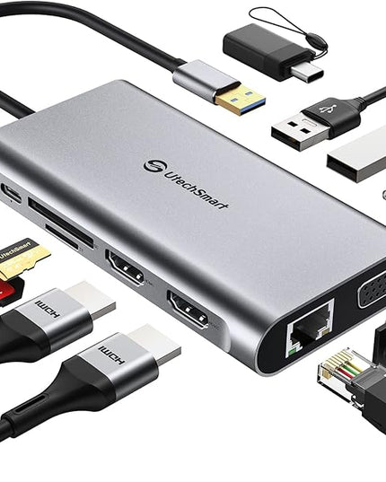UtechSmart USB Docking Station, 11 IN 1 USB C Dock Triple Display, USB 3.0 Laptop Docking Station with Dual HDMI, VGA, PD, Ethernet, SD/TF, USB 3.0, Mic/Audio, Compatible for MacBook M1 Dell HP Lenovo