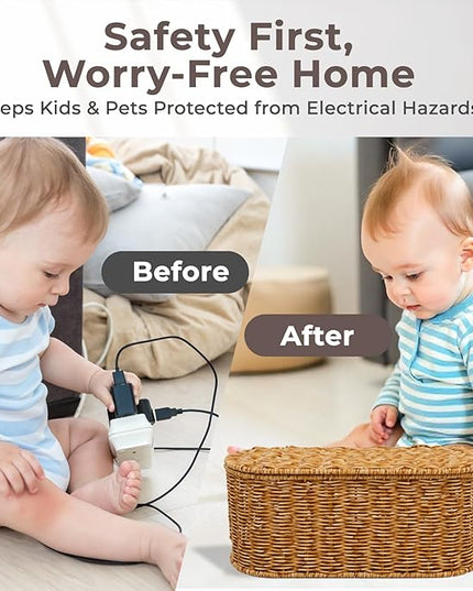 Cable Management Box, Handmade Rattan Cable Organizer, 2 Open Slots Cords Hider Box, Under Desk Cord Organizer for Computer Router USB Hub & Power Strip, Patent Pending, 15.9" x 6.5" x 6.5", Natural