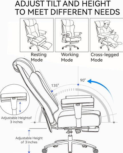 Big and Tall Ergonomic Office Chair 450LBS with Foot Rest, High Back PU Leather Executive Chair with Adjustable Padded Armrests, Lumbar Support for Home or Work, Heavy Duty Computer Chair, Brown